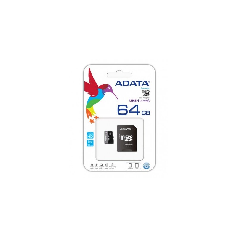 Memoria Micro SD ADATA UHS-I U1, 64 GB, 30 MB/s, 10 MB/s, Negro AUSDX64GUICL10-RA1